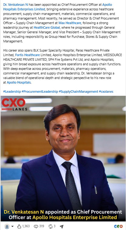 CXO Lanes chief procurement officer appointment announcement sample