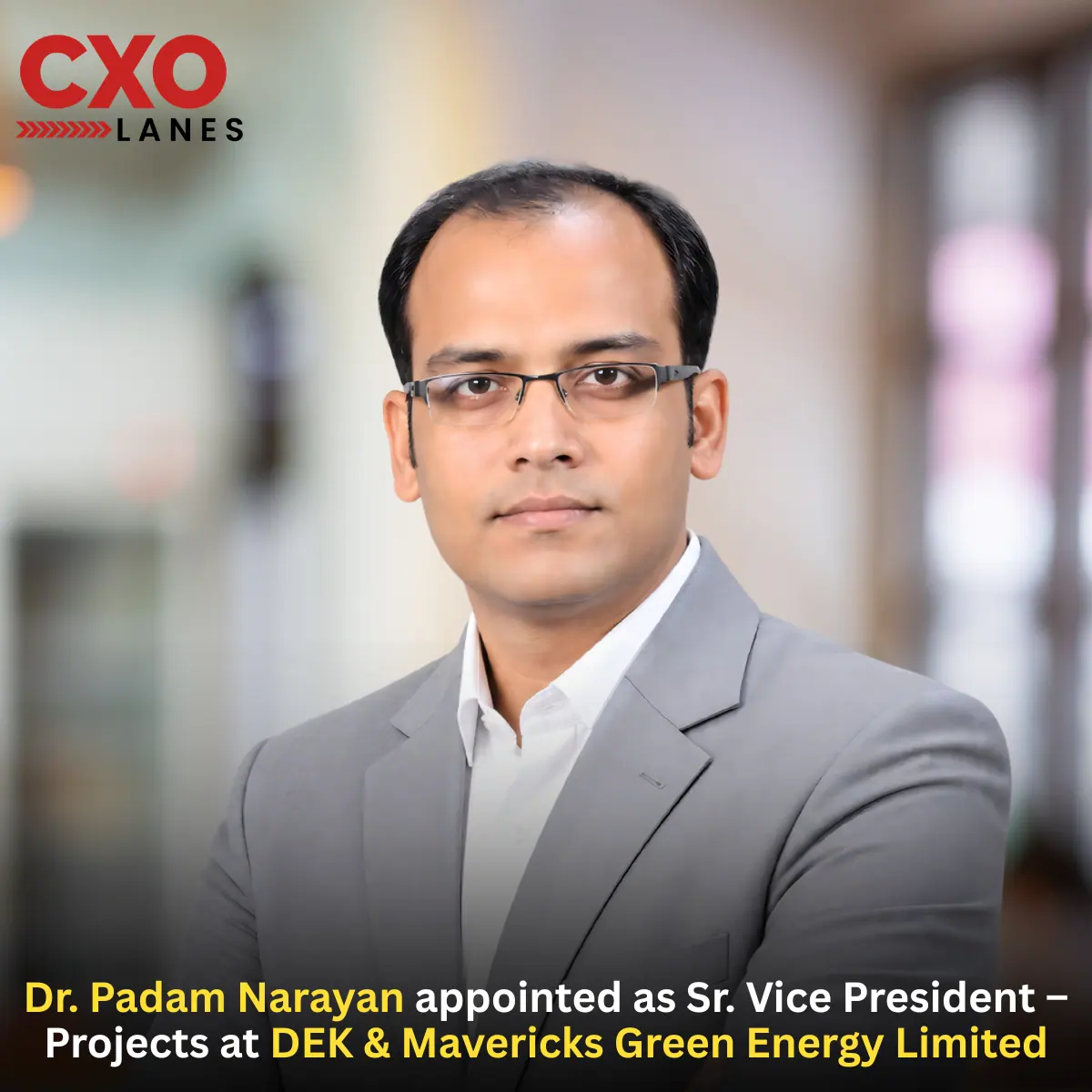 Dr. Padam Narayan has been appointed as Sr. Vice President – Projects at DEK & Mavericks Green Energy Limited