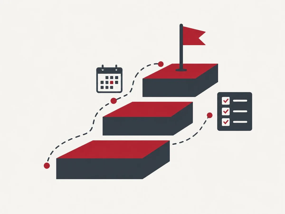 Illustration of a three-stage path toward a flag representing a 100-day plan for a new leader